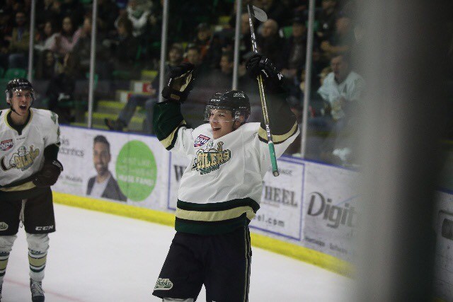 Nick Blankenburg celebrates his second period goal in Game 1 of the AJHL South Final as the Okotoks Oilers held off the Brooks Bandits by a 4-1 score on March 30 at Pason