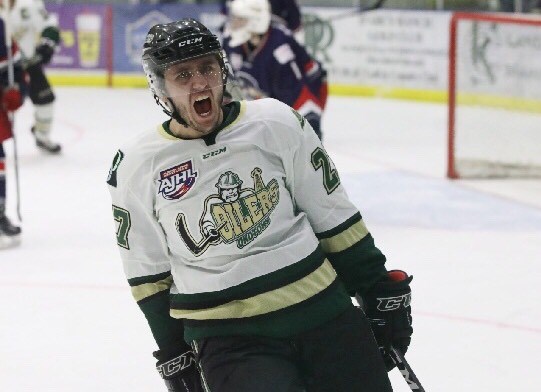 Okotoks Oilers forward Marc Pasemko celebrates his goal in the Game 5 victory over Brooks. The Oilers won the AJHL South Final in six games.