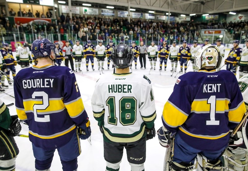 Both Oilers and Spruce Grove Saints took to the ice before Game 1 of the AJHL final at Pason Centennial Arena on April 13 to pay tribute to the Humboldt Broncos and the
