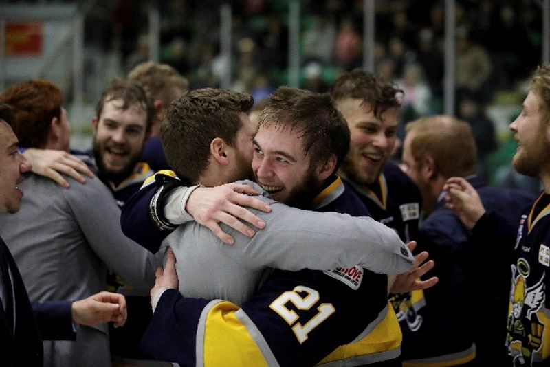 Spruce Grove Saints captain Josh Harris celebrates after winning the AJHL championship in five games over the Okotoks Oilers on April 20 at Pason Centennial Arena.
