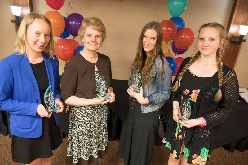 The recipients at the 23rd annual Leadership Awards were on April 18 at D&#8217;Arcy Ranch Golf Course, from left, Maya Povhe, Sharon Hudspeth (Heart of Okotoks), Reilly