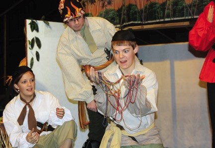 Riches are found during a rehearsal of the Oilfields High School&#8217;s production of Treasure Island showing this Thursday through Saturday in Black Diamond. From left: