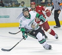 North Dakota Fighting Sioux and former Okotoks Oiler forward Corban Knight (pictured above) and teammates Derek Rodwell and Brad Eidsness participated in the NCAA Frozen Four 
