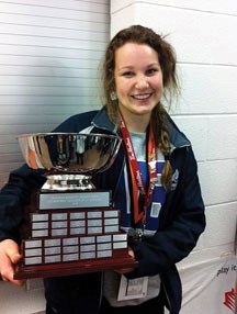 Paige McCarthy holds the Gold Cup after her Calgary Raze team won the U-16 Ringette championship in Cambridge, ON earlier this month.