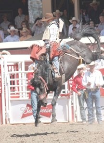 Millarville saddle bronc rider Sam Kelts, here riding Luxurious Bubbles at the 2010 Calgary Stampede, is up on Thursday night at the Guy Weadick Memorial Rodeo in High River.