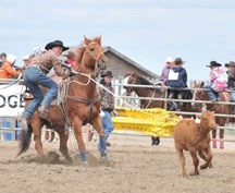 Photo submitted Jake Burwash dismounts his horse after roping a calf at a competition. Burwash recently competed at the National High School Junior Rodeo championships in