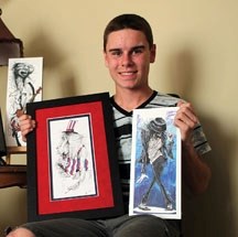 A prolific artist at just 17, Kurtis Molvik poses with samples of his work in his Okotoks home. The young practitioner of multimedia illustration has sold some work locally