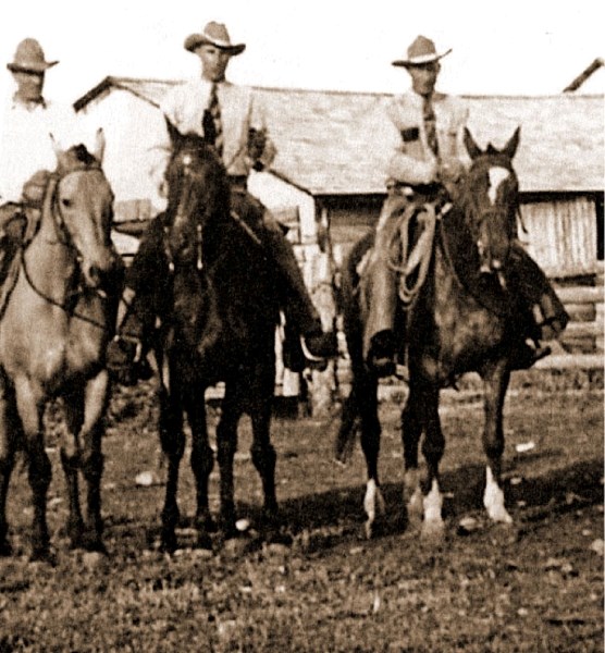 From left: Clem Gardner, Geoff Parker and Winston Parker are pictured at Gardner&#8217;s barn before going out riding.