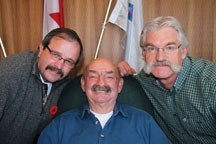 Three of the finest moustaches in Okotoks belong to, from left, Mayor Bill Robertson, Jim &#8220;Bearcat&#8221; Murray and Okotoks engineer Marley Oness.