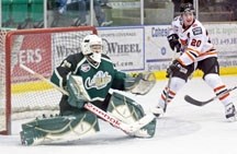 20-year-old goalie Michael Tadjdeh, seen here fending off a shot against the Lloydminster Bobcats on Jan. 8, has posted 17 wins for the Oilers in 2011-12 and has lost just