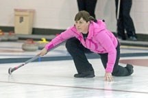 Sandra Stoutenberg, third for the Okotoks Lois Fast rink, keeps a keen eye on the rock she just delivered during the A final of the Highwood Ladies Bonspiel. Team Fast was