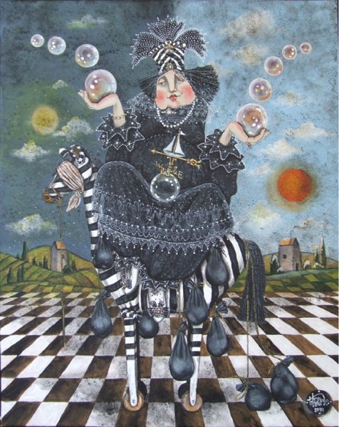 Tharrie Zietsman&#8217;s acrylic painting depicts a woman who cannot decide between what is in her right hand or her left. Zietsman&#8217;s whimsical artwork will be on