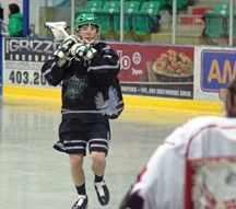 Okotoks Senior Raider Randy Levick loads up for a shot during the Raiders&#8217; 9-8 loss to the Rockview Knights, May 18 at the Okotoks Centennial Arena.