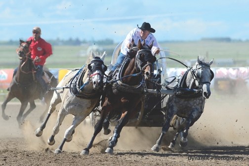 Okotoks driver Mark Sutherland races around the track at the Guy Weadick Chuckwagon Races in High River on June 16. Sutherland is 16th through two days of races.