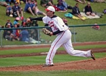Danny Britton-Foster releases a pitch against the Medicine Hat Mavericks on June 17 at Seaman Stadium.