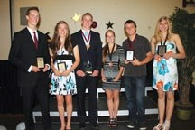 The Foothills Falcons Athletes of the Year from left are, Taylor Armsworthy, Cassidy Barnert, Tyler Grigor, Noelle Reboul, Cody Thompson and Maddi Turbach. They were selected 