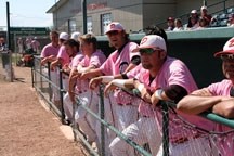 Bruce Campbell/OWW The Okotoks Dawgs sport their pink jerseys on Wear Pink Day, July 22 at Seaman Stadium.