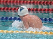 Foothills Stingray swimmer Jotham D&#8217;Ailly swims during the 4 x 50m medley relay final at the Canadian Age Group Championships, July 29 at the Talisman Centre in Calgary.
