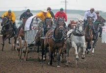 Wheel file photo Jason Glass, here heading down the homestretch at the Guy Weadick races in High River, is hoping to win his fourth World Professional Chuckwagon Association
