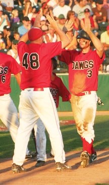 Brett Thomas celebrates after scoring a run in the 2008 WMBL playoff final against the Swift Current Indians. Thomas has accepted a coaching job in California.