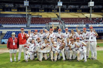 The Okotoks Midget Dawgs Black team pose after winning the gold medal at the Baseball Canada National Championships, Aug. 19 in Quebec City.