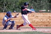 Okotoks Bantam Black Dawgs outfielder Ryley Overacker takes a hack during the Bantam Provincial Championships in Okotoks earlier this month. The Dawgs are in Vaughan, ON for