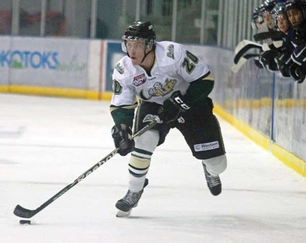 Okotoks Oilers&#8217; winger Holden Lamb controls the puck against the Spruce Grove Saints last weekend. The Oilers went 1-2 on their recent three-game road trip. Okotoks is