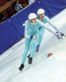 Warren Horbachewski, here short-track speed-skating in the 1980s, is starting an Okotoks Speed-Skating Club.