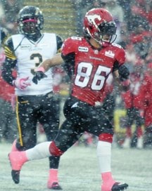 Calgary Stampeder Anthony Parker (86) tries to get into position for a block on special-teams during Calgary&#8217;s 34-32 win over Hamilton, Oct. 20 at McMahon Stadium.
