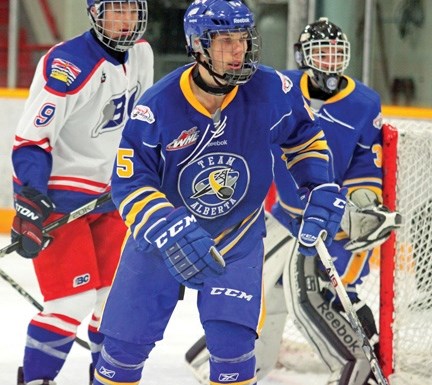 Team Alberta&#8217;s Brady Reagan tries to close off a seam in the defensive zone on a Team B.C. powerplay during the final of the Western Canada U16 Challenge Cup. B.C. won