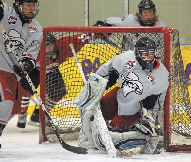 Rockyview Raiders goalie Jacob Standen guards his post during the Raiders&#8217; 4-1 win over the CBHA Blackhawks Saturday at South Fish Creek Arena in Calgary.