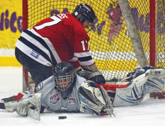 Rockyview Raiders goalie Jacob Standen scrambles for a loose puck during regular season play. The Raiders went 1-1-1 at the Sutter Cup in Lethbridge, the round-robin