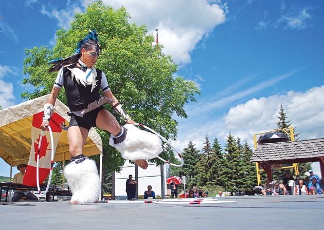 This dancer with the First Nations International Dancers Co. puts on a show for Diamond Valley and area residents during Black Diamond&#8217; s Canada Day celebrations in a