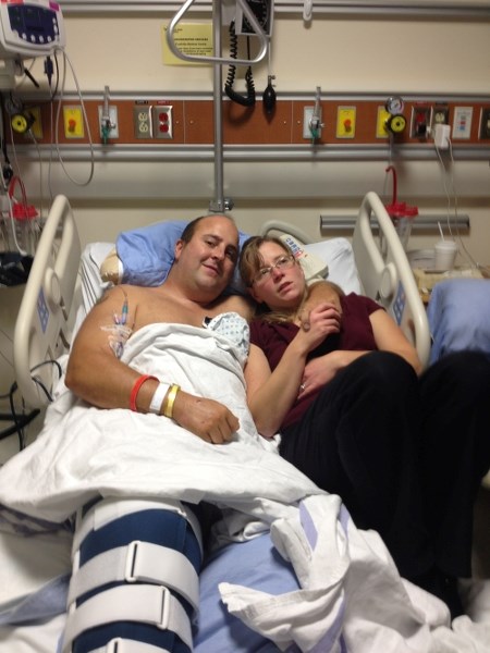 Matt Blackmore recovers in hospital with his wife Roselyn after losing a leg in a vehicle crash. Family and friends are holding a fundraiser to help pay for a $92,000