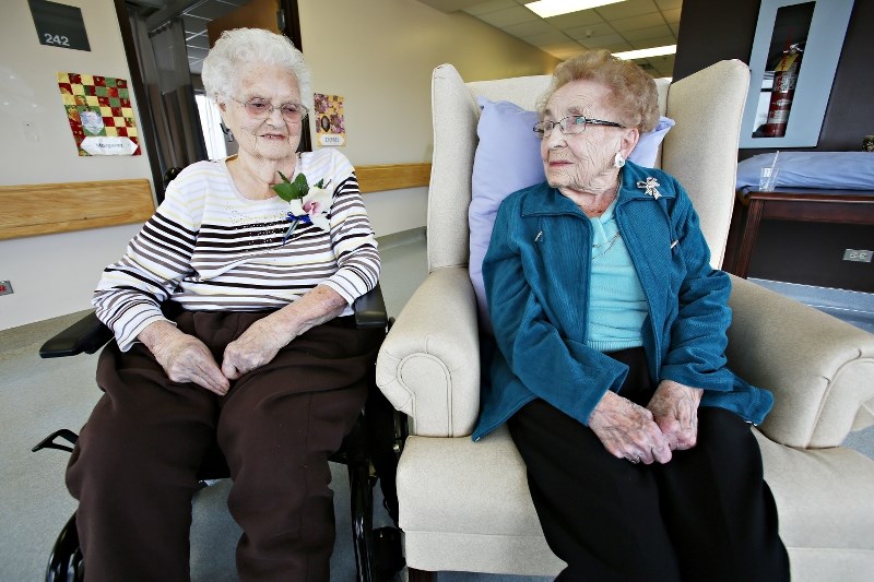 Rising Sun Long Term Care residents Betty Hoglund, left, turned 100-years-old on March 30 and Genevieve Dallas turns 100 on April 29. Both ladies celebrated their past and