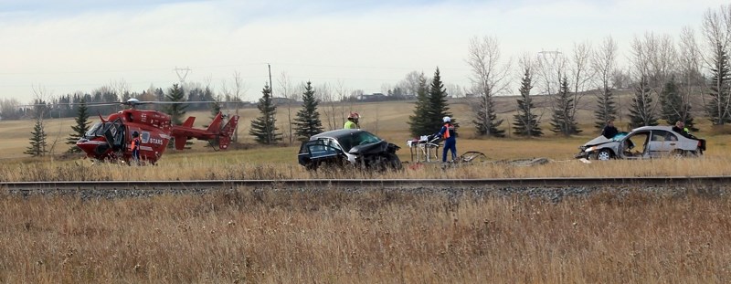One person is reported dead after a two-vehicle collision on Highway 2A south of the Adersyde overpass at approximately 11 a.m.