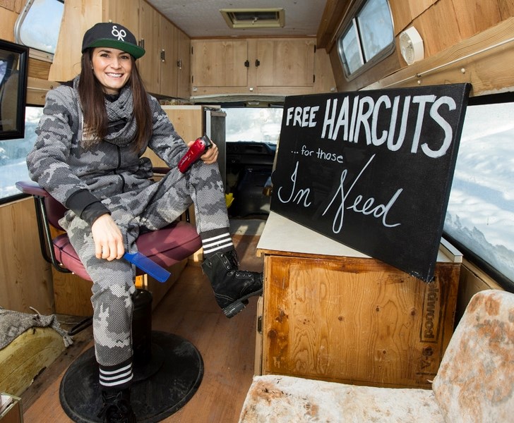 Misty Shingoose in her mobile hair studio on Jan. 8. Shingoose retrofitted a camper van which she takes out to give hair cuts to those in need.