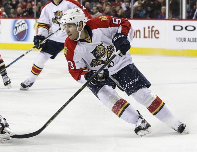 Florida Panthers centre Corban Knight gives chase to the Calgary Flames at the Scotiabank Saddledome on Jan. 13. Knight, a High River native and Holy Trinity Academy grad,