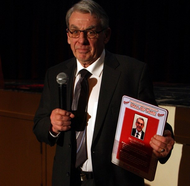 Former Okotoks mayor Bill McAlpine received a standing ovation after being inducted into the Dawgs Hall of Fame at the Dawgs annual awards banquet on Jan. 30 at the Foothills 