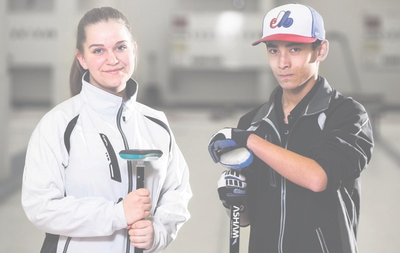 Rhiley Quinn, left, and Miki Becker at the Okotoks Curling Club on Jan. 26. Quinn and Becker make up a team in the up-and-coming sport of two-person curling, and will be