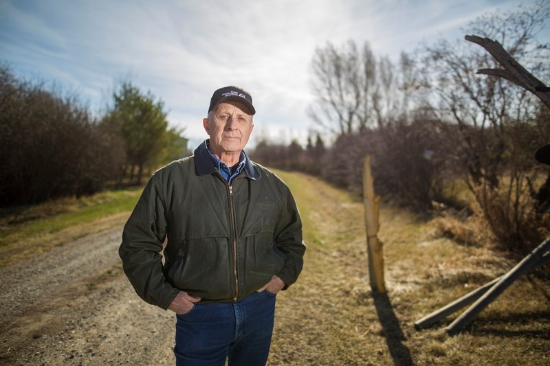 M.D. of Foothills Councillor Ted Mills at the gate to his property on Apr. 7. Mills encountered an alleged car thief on his property when the individual approached him asking 