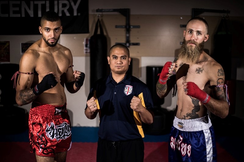 Bruce Cartwright, left, of Ryujn Muay in Okotoks won his first official muay thai amateur bout on Sept. 16 in Calgary with a TKO over Graham Kersch at 173 pounds. Okotokian