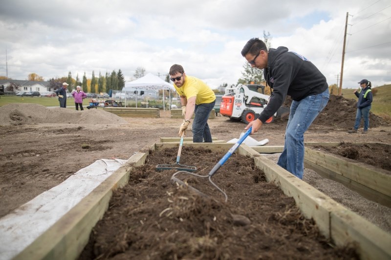Volunteers build new raised beds as part of an expansion of the Okotoks Community Garden.