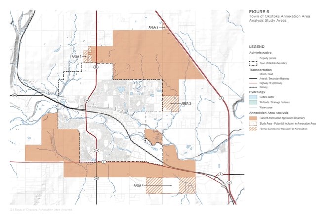 This map identifies groups of residents looking to be annexed into Okotoks. Bonny Osland&#8217;s land, in Area 2, has been deemed unsuitable for development by the Town of