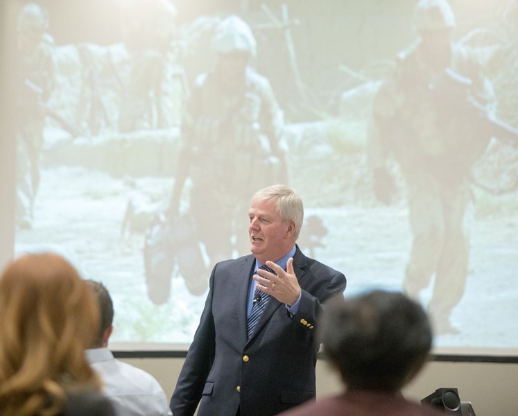Rick Hillier, former chieff of defense staff cor Canadian Forces, shares leaderhsip lessons from his years in the military during an Oct. 6 lunch hosted by the High River and 