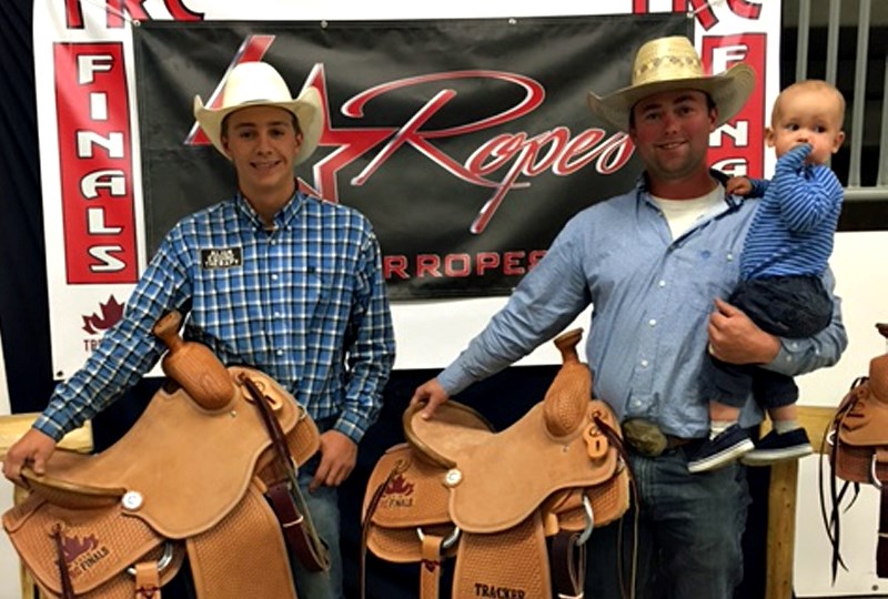Ben Bamford, left, of Priddis, and High River&#8217; s Dale Valentine won the No. 8 competition at the Team Roping Canada finals in Calgary in late September.