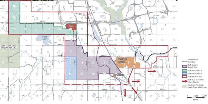The City of Calgary-MD of Foothills intermunicipal development plan shows future city growth of eight and a half sections and two policy areas to protect land and restrict