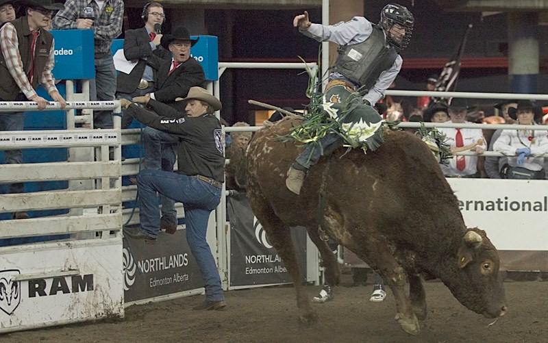 Okotoks bull rider Jordan Hansen hangs on during the Canadian Finals Rodeo at Edmonton&#8217;s Northlands Coliseum. Hansen won his first Canadian championship along with the