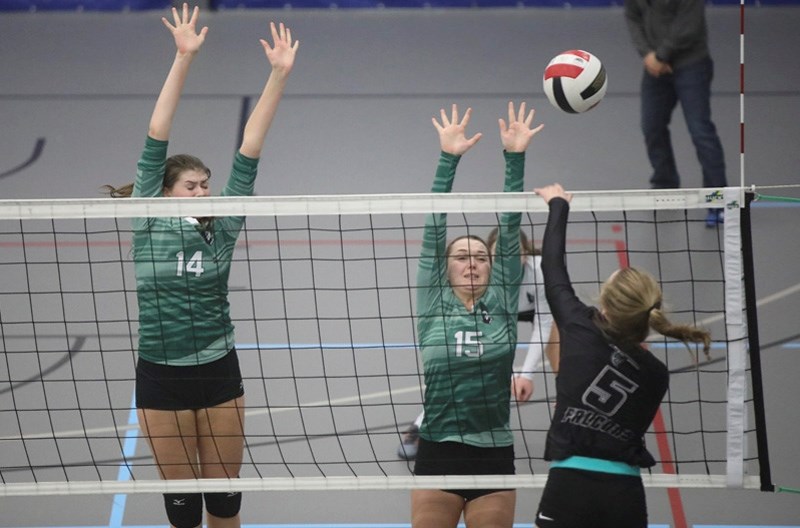 Danielle Forester and Katherine Brown of the Holy Trinity Academy try to block a hit from the Foothills Falcons during the FAC final on Nov. 9. HTA won in four sets.