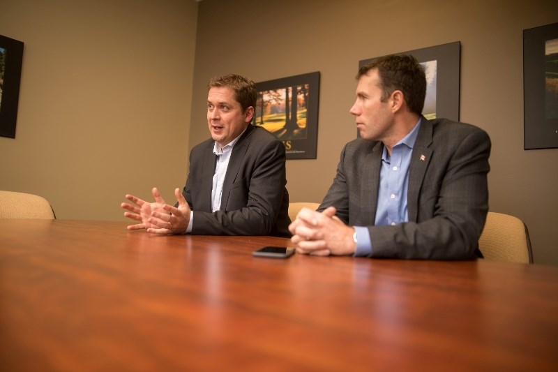 Conservative MP and former house speaker Andrew Scheer, left, in the Western Wheel offices with Foothills MP John Barlow on Nov. 25.